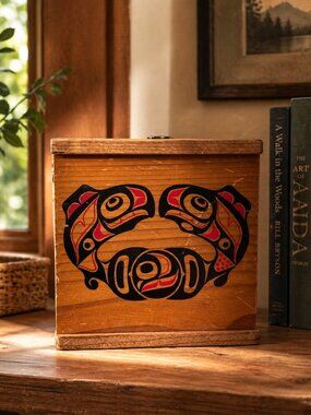 Indigenous Painted Whale Wooden Box Slide Top